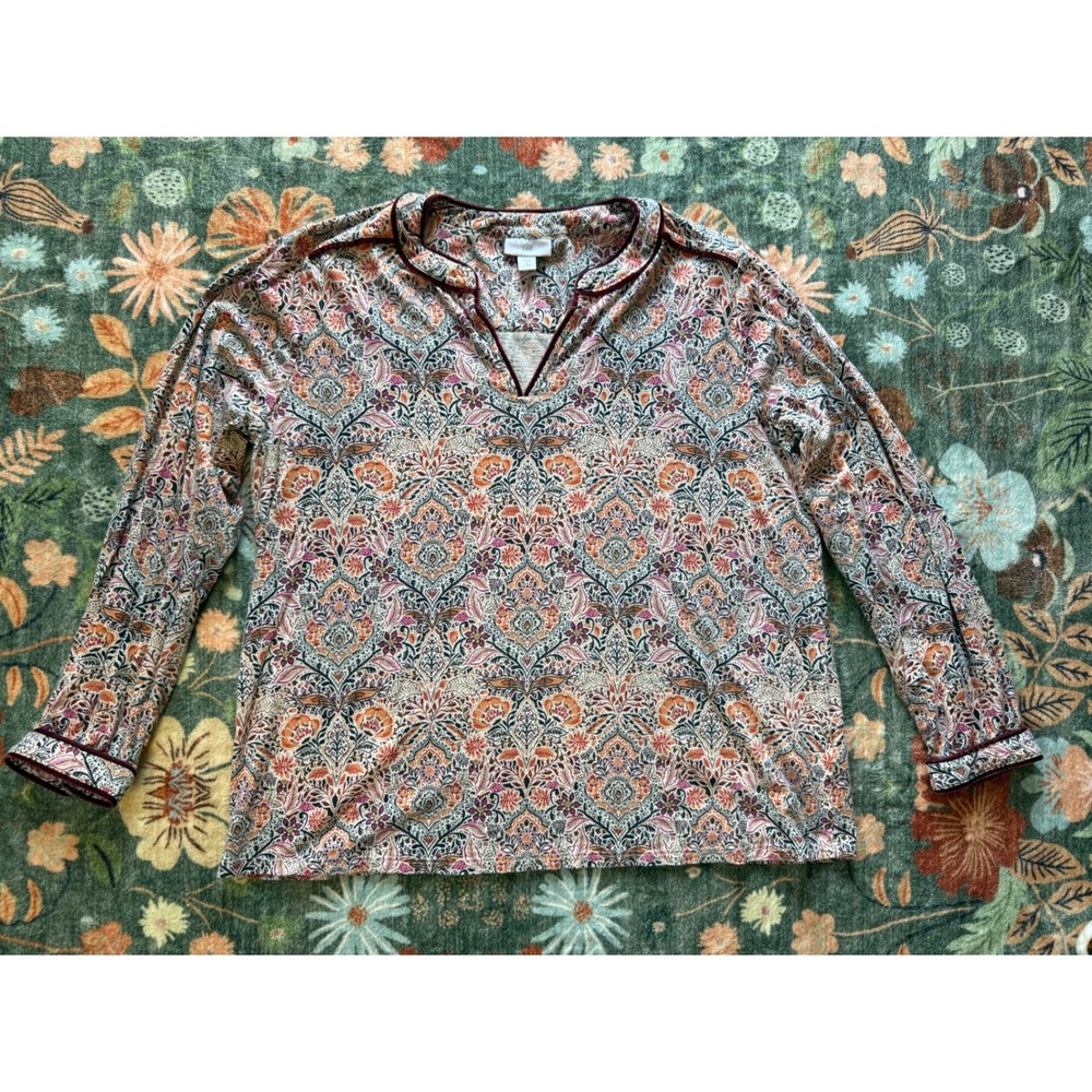 J. Jill Womens Paisley‎ Floral Split Neck Top Orange Burgundy Cotton Modal MP